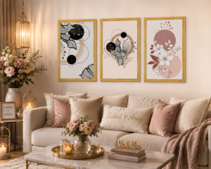 Modern Abstract Floral Wall Art Frame Set of 3 with Premium Wooden Frames for Living Room Décor