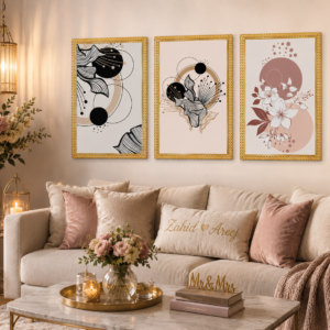 Modern Abstract Floral Wall Art Frame Set of 3 with Premium Wooden Frames for Living Room Décor