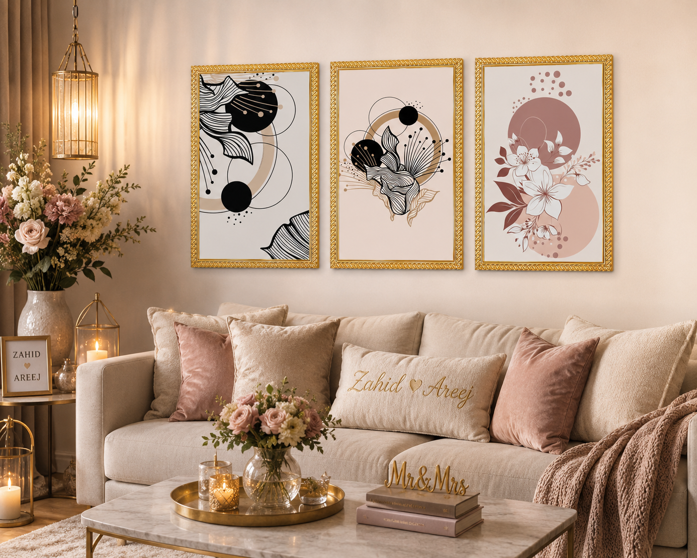 Modern Abstract Floral Wall Art Frame Set of 3 with Premium Wooden Frames for Living Room Décor
