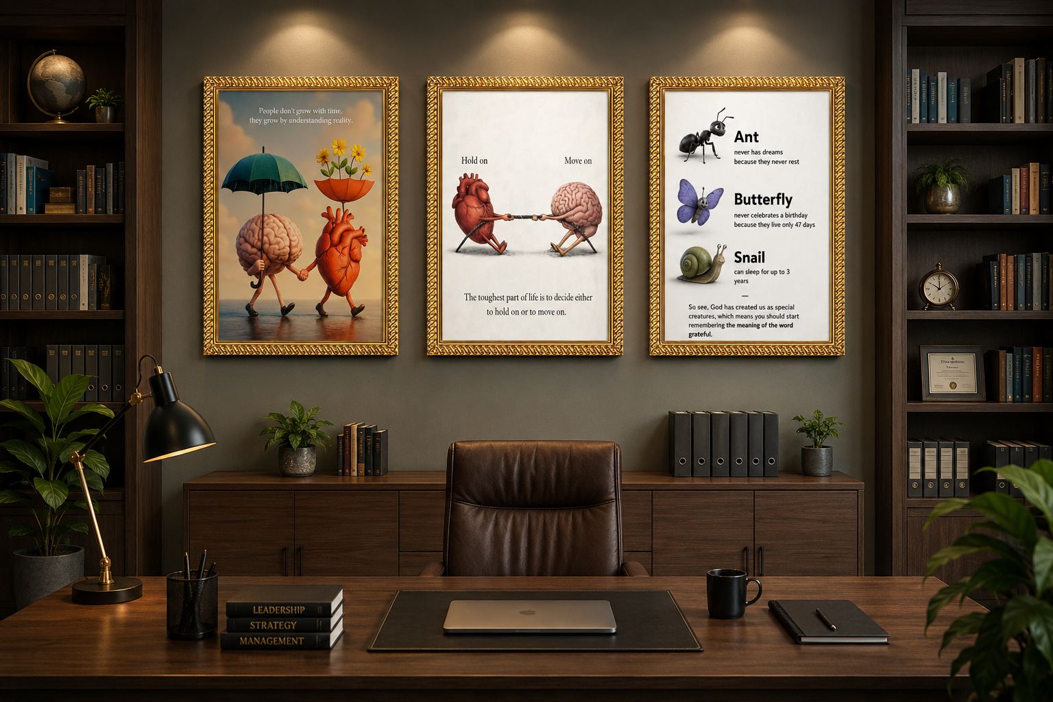 3 piece motivational mind & heart premium a4 wall frame set for office & study room