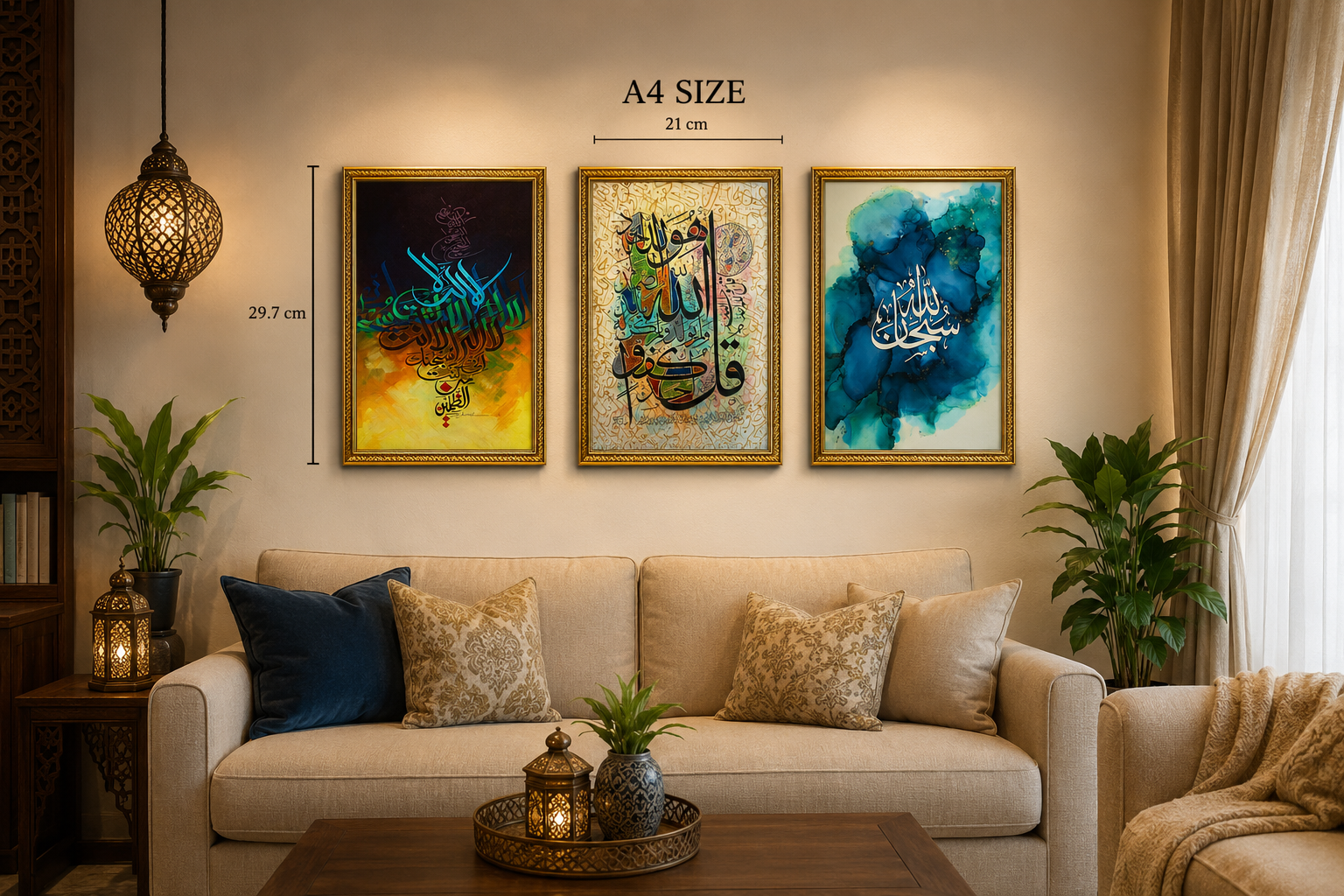 islamic calligraphy wall art set of 3 – ayat e kareema, surah ikhlas & subhan allah | premium a4 framed islamic decor
