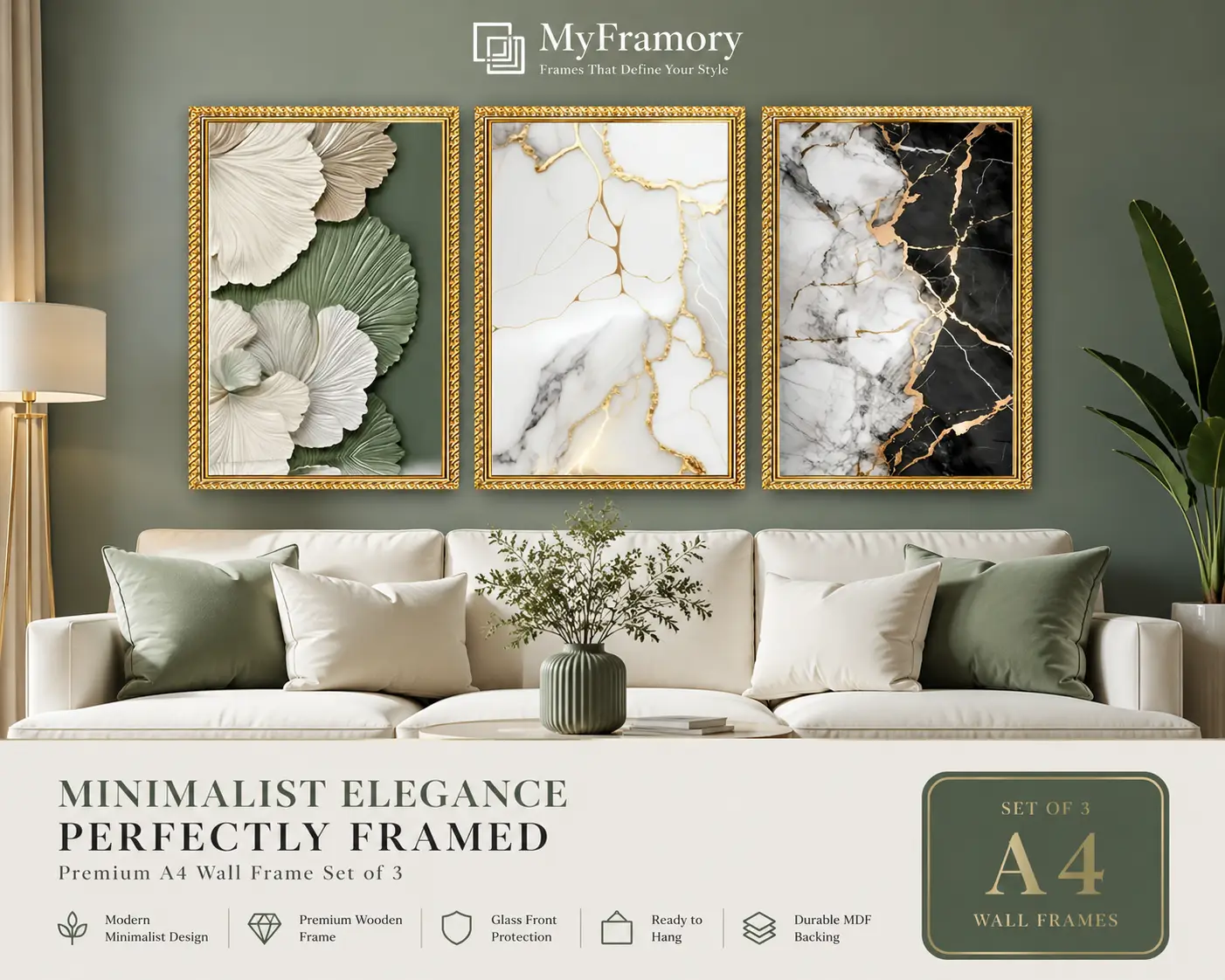 myframory modern botanical & marble wall art set of 3 premium a4 frame