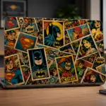 Vintage DC Comics superhero collage laptop sticker featuring Batman Superman Wonder Woman Flash Robin comic book artwork