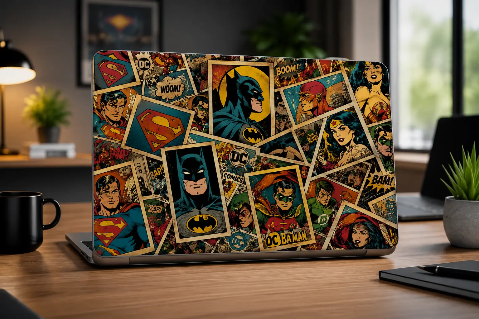 Vintage DC Comics superhero collage laptop sticker featuring Batman Superman Wonder Woman Flash Robin comic book artwork