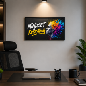 Homepage Mindset Is Everything motivational typography wall art with vibrant graffiti style on a dark background.