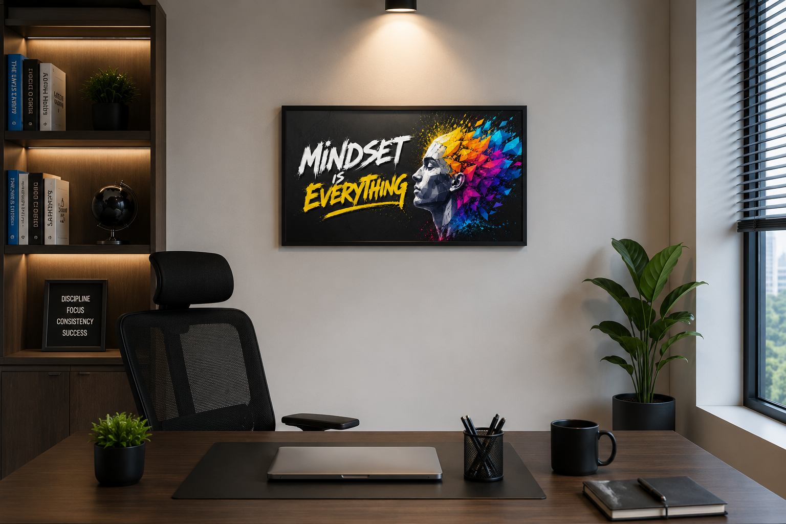 Mindset Is Everything motivational typography wall art with vibrant graffiti style on a dark background.