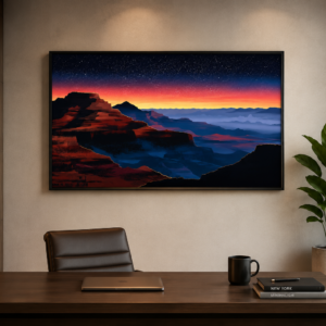 Homepage Sunset canyon landscape wall art displayed in a modern executive office.