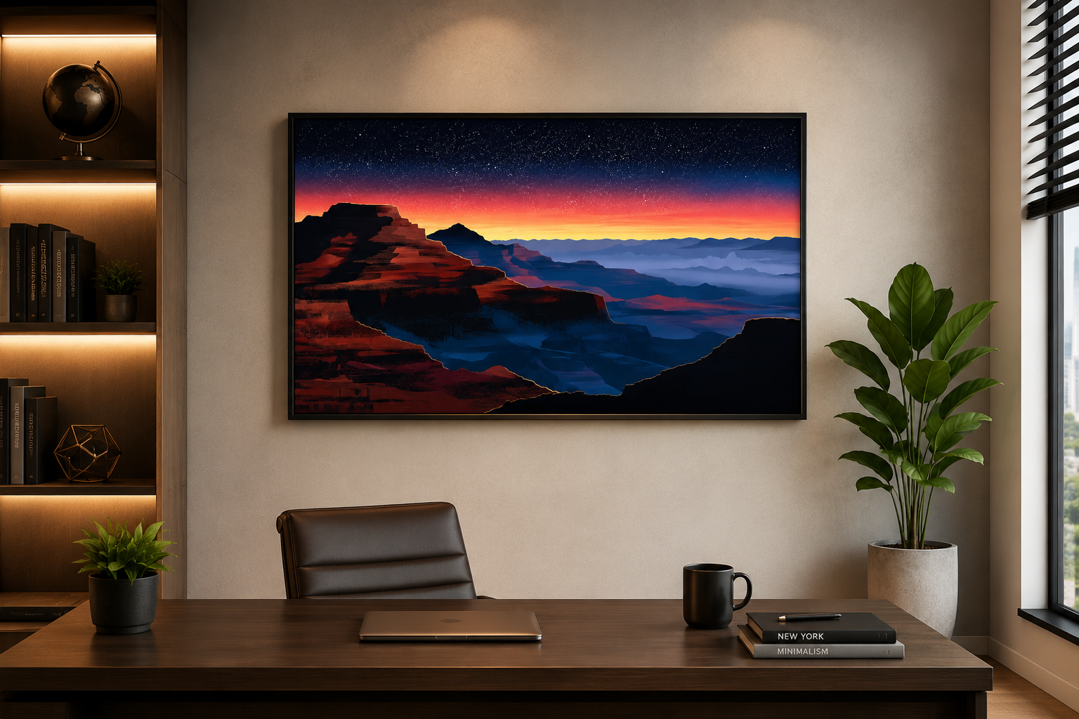 Sunset canyon landscape wall art displayed in a modern executive office.