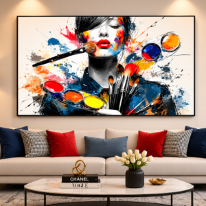 Luxury abstract beauty wall art featuring a modern fashion portrait with artistic paint splashes, gold accents and makeup brushes displayed in a contemporary living room.