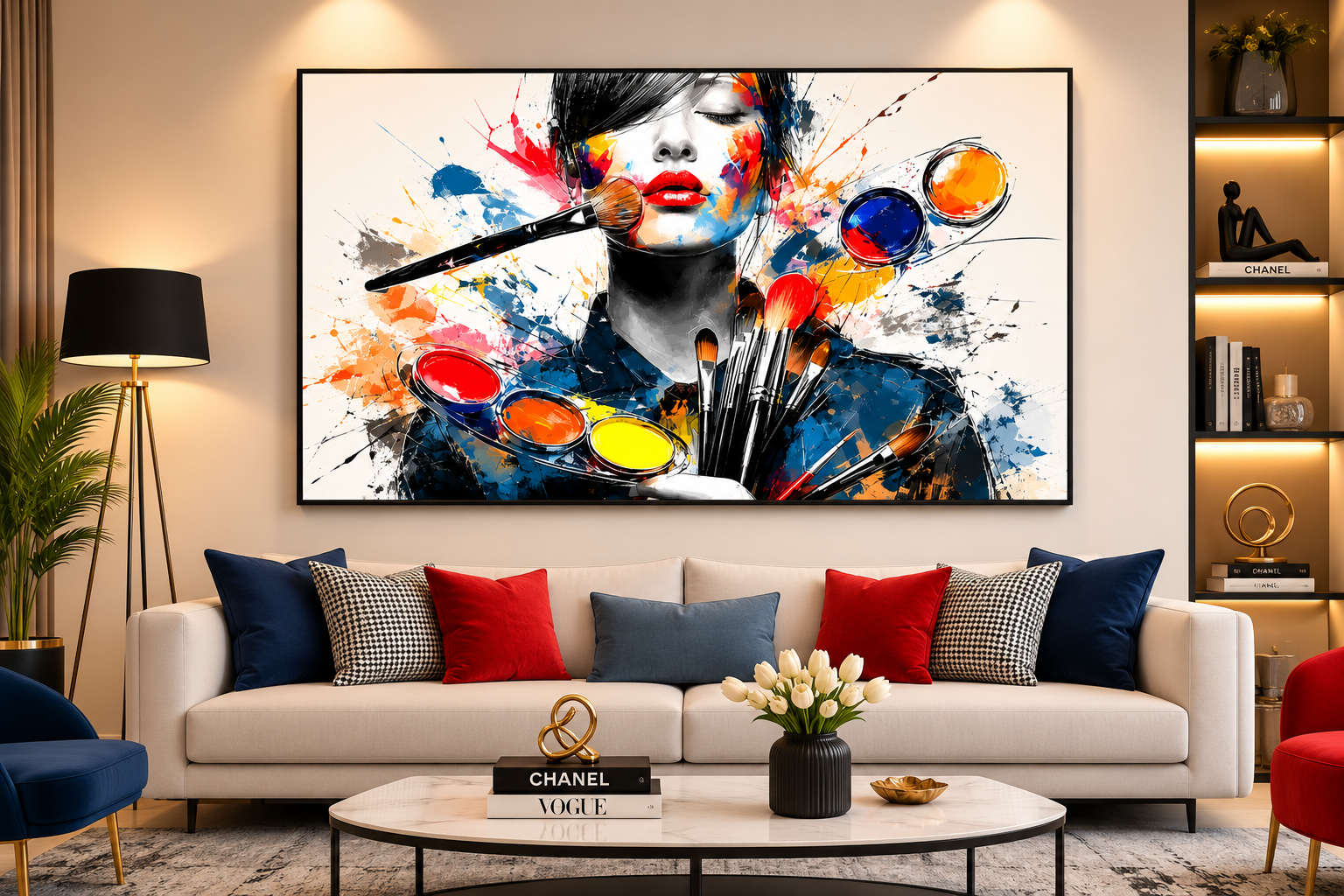 Luxury abstract beauty wall art featuring a modern fashion portrait with artistic paint splashes, gold accents and makeup brushes displayed in a contemporary living room.