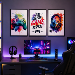 Homepage Modern gaming room wall decor with gaming controller and headset watercolor artwork.