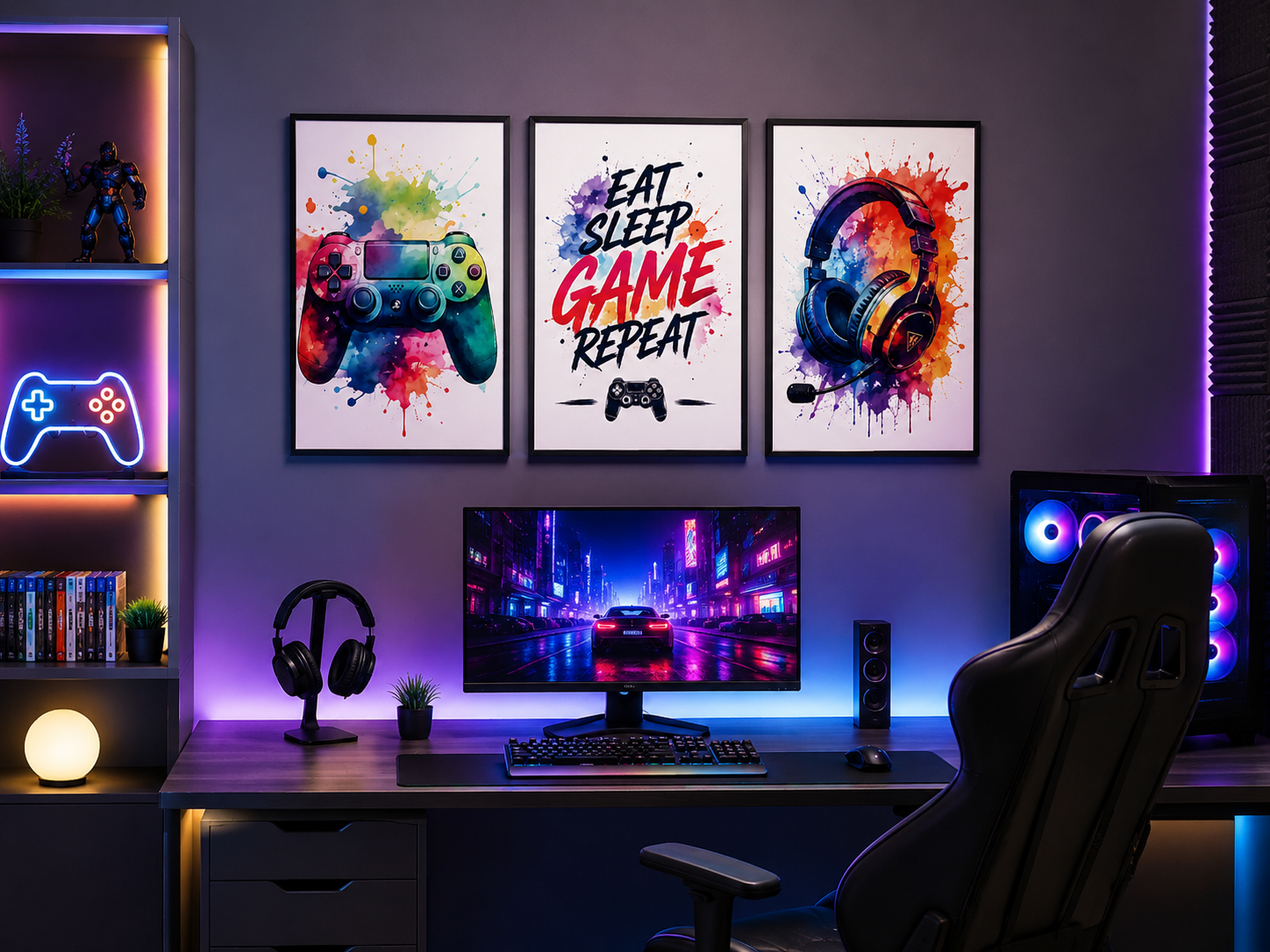 Modern gaming room wall decor with gaming controller and headset watercolor artwork.